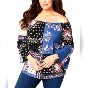 Style & Co Plus Size Patchwork-Print Off-The-Shoulder Lantern-Sleeve Top